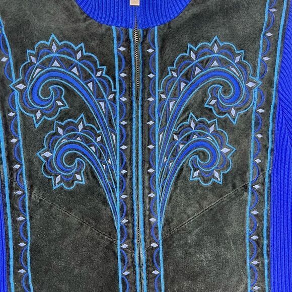 Bob Mackie Womens XS Leather Art Artsy Zip Sweater Jacket Embroidered Boho - Picture 4 of 11